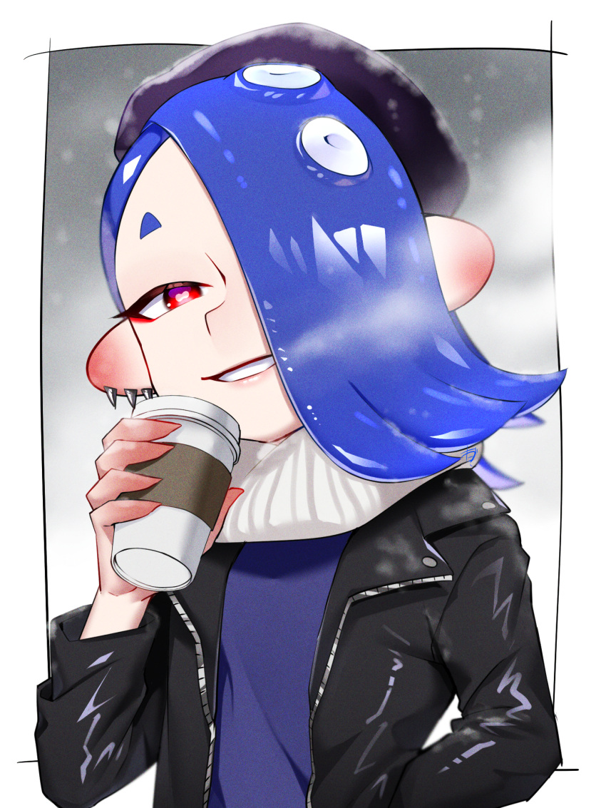 1girl alternate_costume black_headwear black_jacket blue_hair border cephalopod_eyes commentary_request cup eyelashes grey_background hair_over_one_eye hand_in_pocket highres holding holding_cup jacket looking_at_viewer medium_hair octoling open_clothes open_jacket outside_border red_eyes red_pupils shiver_(splatoon) smile solo splatoon_(series) splatoon_3 standing takagi_(tkgiii) teeth tentacle_hair thick_eyebrows tooth_earrings white_border
