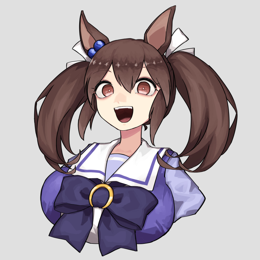 1girl absurdres animal_ears bow breasts brown_hair commentary ear_ornament grey_background highres hishi_akebono_(umamusume) horse_ears horse_girl large_breasts medium_hair open_mouth purple_bow purple_shirt red_eyes sailor_collar sanada_ina school_uniform shirt simple_background smile solo teeth tracen_school_uniform twintails umamusume upper_body upper_teeth_only