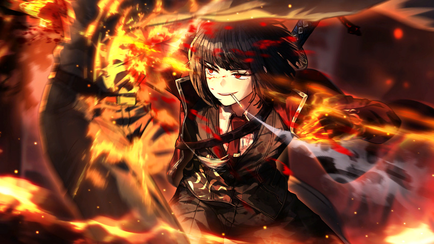 1girl black_gloves black_hair black_pants black_vest blood blood_on_clothes blood_on_face bob_cut cigarette collared_shirt fighting fire game_cg gloves highres jacket limbus_company nai_ga necktie official_art ootachi pants project_moon red_eyes red_jacket red_necktie ryoshu_(project_moon) shirt smoke smoking solo_focus vest white_shirt