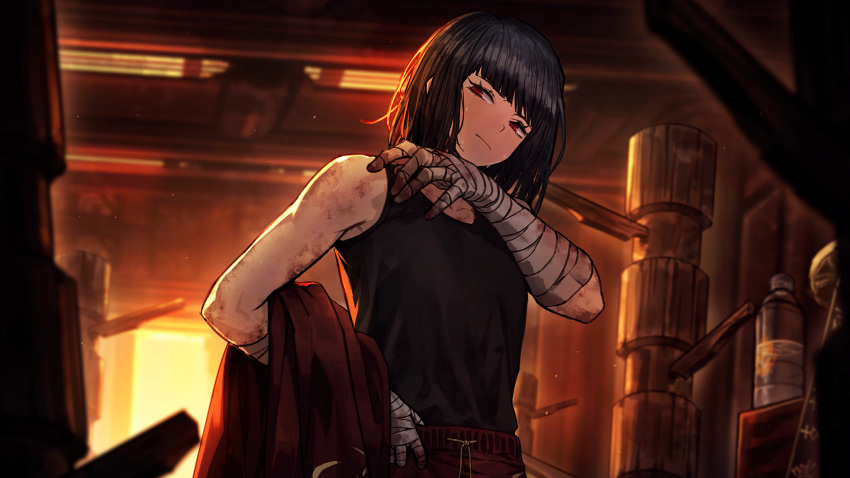 1girl arm_wrap black_hair black_tank_top bob_cut bottle dummy game_cg hand_wraps highres jacket limbus_company nai_ga official_art ootachi pants project_moon red_eyes red_jacket red_pants ryoshu_(project_moon) short_hair solo tank_top training water_bottle