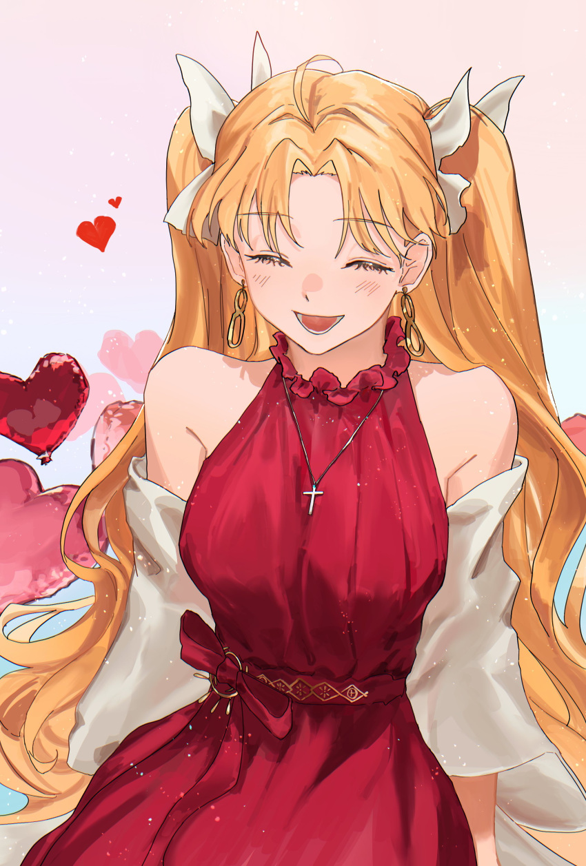 1girl absurdres ahoge balloon bare_shoulders blonde_hair blush choroi_amachori closed_eyes commentary_request cross cross_necklace dress earrings ereshkigal_(bitter_sweet)_(fate) ereshkigal_(fate) fate/grand_order fate_(series) hair_ribbon heart heart_balloon highres jewelry latin_cross long_hair lower_teeth_only necklace official_alternate_costume open_mouth parted_bangs pink_background red_dress ribbon simple_background sitting sleeveless sleeveless_dress smile solo teeth twintails two_side_up very_long_hair white_ribbon