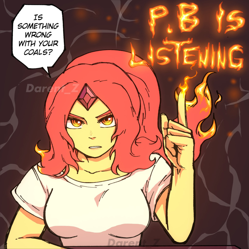 1girl adventure_time artist_name chainsaw_man colored_skin commentary darent_z english_commentary english_text fiery_hair fire flame_princess forehead_jewel highres long_hair looking_at_viewer orange_eyes parted_lips pointing pointing_up pyrokinesis redhead serious shirt short_sleeves simple_background solo speech_bubble watermark white_shirt yellow_skin