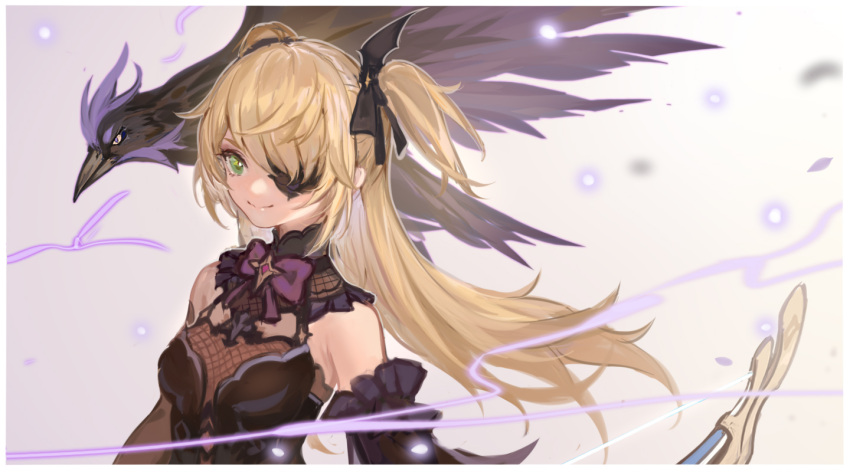 1girl bare_shoulders bird black_bow black_dress black_feathers blonde_hair border bow bowtie breasts closed_mouth detached_sleeves dress eyepatch feathered_wings feathers fischl_(genshin_impact) fishnets flying frills genshin_impact gradient_background green_eyes grey_background hair_between_eyes hair_bow long_hair long_sleeves looking_at_viewer magic medium_breasts oz_(genshin_impact) purple_bow purple_bowtie san_m simple_background smile standing star_(symbol) two_side_up white_background white_border wings