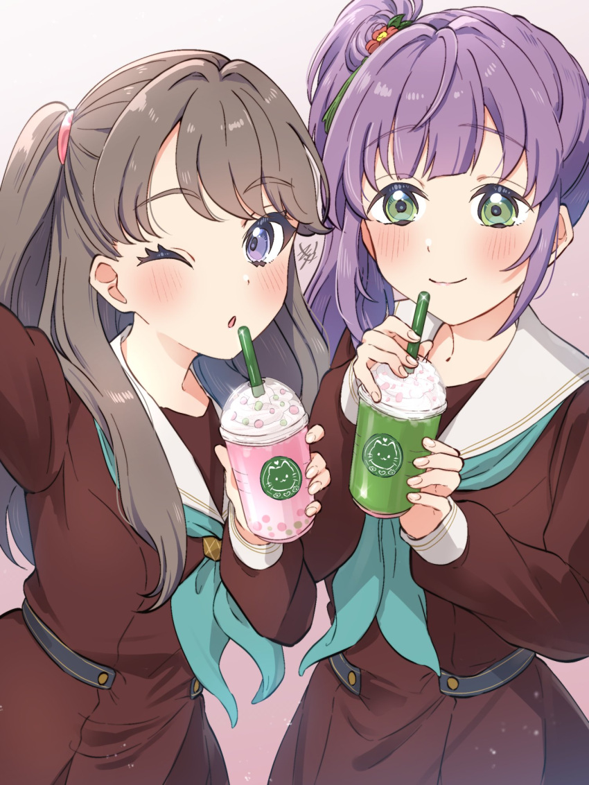 2girls ;o aqua_neckerchief blush brown_dress brown_hair closed_mouth cup disposable_cup dress drinking_straw flower frappuccino fujishima_megumi gradient_background green_eyes hair_flower hair_ornament hasu_no_sora_school_uniform highres kyaku_tatsu link!_like!_love_live! long_hair long_sleeves love_live! multiple_girls neckerchief one_eye_closed otomune_kozue parted_lips pink_background pleated_dress purple_hair red_flower sailor_collar sailor_dress school_uniform selfie side_ponytail sidelocks signature smile straight_hair two_side_up upper_body violet_eyes white_sailor_collar winter_uniform