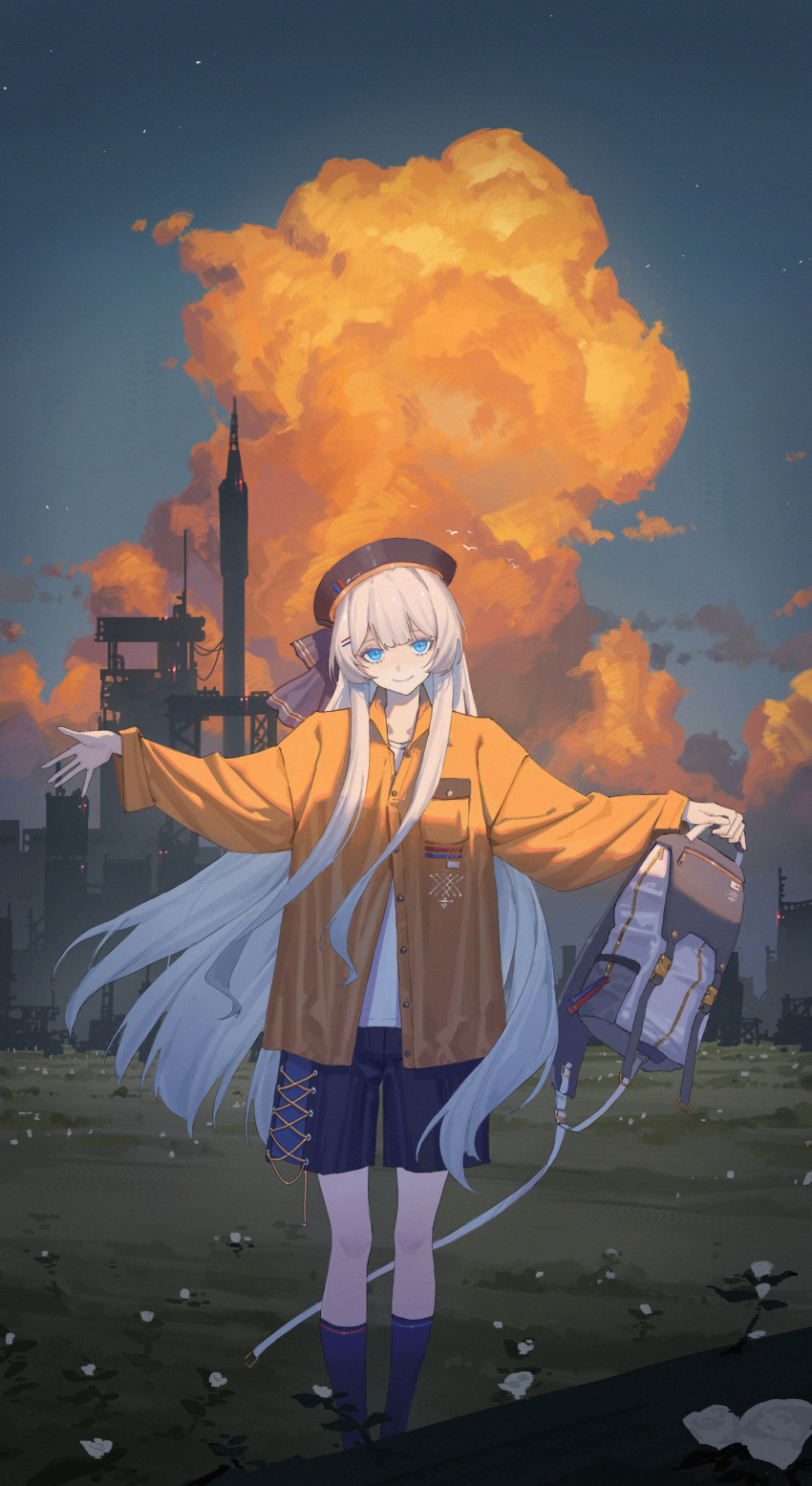 1girl absurdres areaaaron backpack bag black_headwear blue_eyes blue_shorts blue_socks clouds commentary english_commentary feet_out_of_frame highres holding holding_bag jacket long_hair long_sleeves looking_at_viewer orange_clouds orange_jacket original outstretched_arms rocket_ship ruins scenery shirt shorts smile socks spacecraft spread_arms white_hair white_shirt