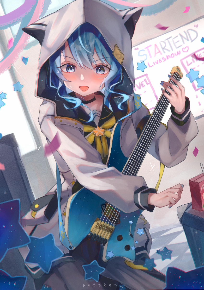 1girl absurdres animal_hood artist_name black_choker blue_eyes blue_hair bow bowtie brooch cat_hood choker commentary cowboy_shot dutch_angle electric_guitar guitar highres holding holding_instrument hololive hood hood_up hooded_jacket hoshimachi_suisei hoshimachi_suisei_(school_uniform) indoors instrument jacket jewelry long_sleeves official_alternate_costume open_mouth pota_ken puffy_long_sleeves puffy_sleeves sidelocks smile solo standing star_(symbol) star_brooch star_in_eye symbol_in_eye virtual_youtuber watermark white_jacket yellow_bow yellow_bowtie