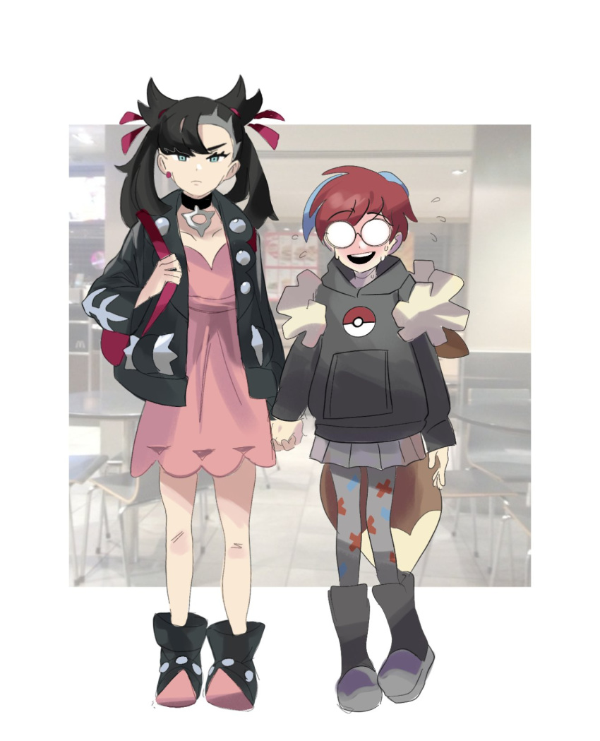 2girls asymmetrical_bangs backpack bag black_footwear black_hair black_jacket boots brown_bag closed_mouth commentary dress earrings eyelashes flying_sweatdrops glasses green_eyes hair_ribbon highres holding_strap hood hoodie jacket jewelry long_sleeves marnie_(marnielovesyou) marnie_(pokemon) multicolored_hair multiple_girls opaque_glasses open_clothes open_jacket pantyhose penny_(pokemon) pink_dress pleated_skirt poke_ball_print pokemon pokemon_sv pokemon_swsh redhead ribbon see-through see-through_skirt skirt standing twintails two-tone_hair