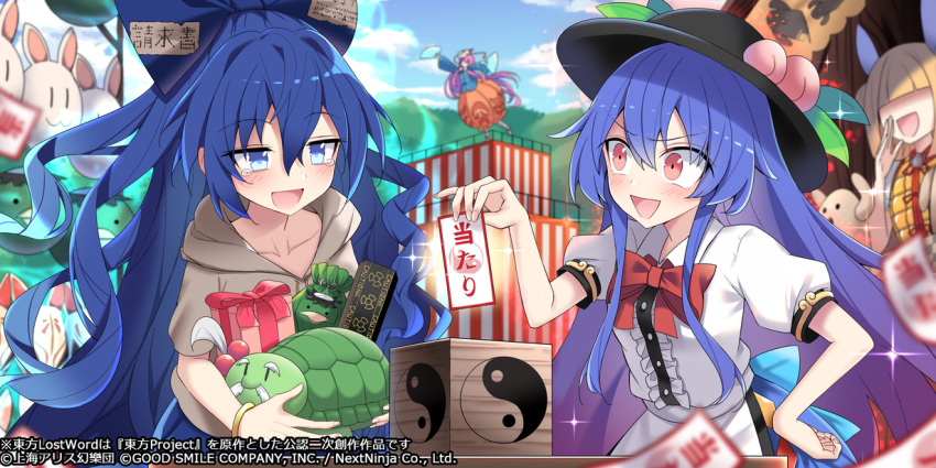 4girls black_headwear blue_eyes blue_hair blue_shirt blunt_bangs blush bow bowtie brown_hoodie center_frills commentary_request company_name copyright_notice dancing dress e.o. food fox_mask frills fruit fruit_hat_ornament gift gradient_background hand_on_own_hip haniwa_(statue) hat hata_no_kokoro hinanawi_tenshi holding holding_gift hood hoodie joutouguu_mayumi kappa_mask leaning_forward long_hair mask multiple_girls official_art omikuji open_mouth orange_skirt outdoors peach pink_hair plaid plaid_vest puffy_short_sleeves puffy_sleeves purple_hair rabbit_mask red_bow red_bowtie red_eyes shirt short_sleeves shouting sidelocks skirt stage touhou touhou_lost_word turtle vest white_dress yellow_vest yorigami_shion
