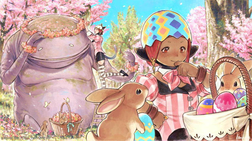 2girls :d animal_ears basket black_skirt bow bowtie cat_ears cherry_blossoms closed_mouth dark-skinned_female dark_skin day easter_egg egg final_fantasy final_fantasy_xiv flower_wreath goobbue_(final_fantasy) grey_thighhighs highres jewelry jihli_aliapoh lalafell miniskirt miqo'te monster multiple_girls nonotta_(ff14) outdoors pink_bow pink_bowtie pointy_ears rabbit red_eyes ring skirt smile striped_clothes striped_thighhighs suspenders thigh-highs tree wristband