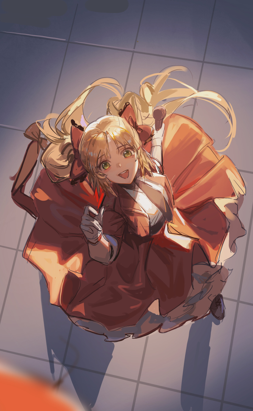 1girl 8873206812 :d absurdres arknights black_necktie blonde_hair blurry bow chinese_commentary commentary_request from_above full_body green_eyes hair_bow hand_up highres holding holding_microphone jacket long_hair long_skirt looking_at_viewer looking_up microphone necktie official_alternate_costume open_clothes open_jacket open_mouth pinecone_(arknights) pinecone_(sing_a_song)_(arknights) red_bow red_jacket red_skirt shirt short_sleeves sketch skirt smile solo standing teeth upper_teeth_only white_shirt