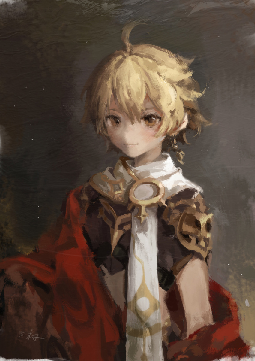 1boy aether_(genshin_impact) ahoge arm_armor armor black_background blonde_hair blush braid brown_eyes brown_shirt cape closed_mouth earrings genshin_impact gold_trim hair_between_eyes highres jewelry long_hair looking_at_viewer male_focus red_cape san_m scarf shirt short_sleeves shoulder_armor signature simple_background single_earring smile solo standing white_scarf