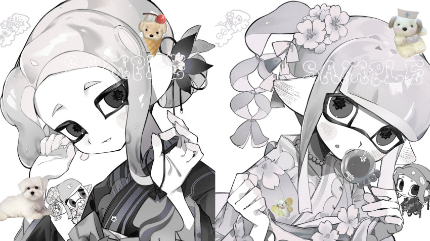 2girls bead_necklace beads bow candy_apple chibi eating floral_print flower food food_on_face greyscale hair_bow hair_bun hair_flower hair_ornament highres holding_hair_tie inkling inkling_girl inkling_player_character japanese_clothes jewelry kimono long_hair looking_to_the_side monochrome multiple_girls multiple_hair_bows necklace octoling octoling_girl octoling_player_character photo_inset pointy_ears sample_watermark smile splatoon_(series) star-shaped_pupils star_(symbol) suction_cups symbol-shaped_pupils tentacle_hair uim_ase watermark white_background yukata