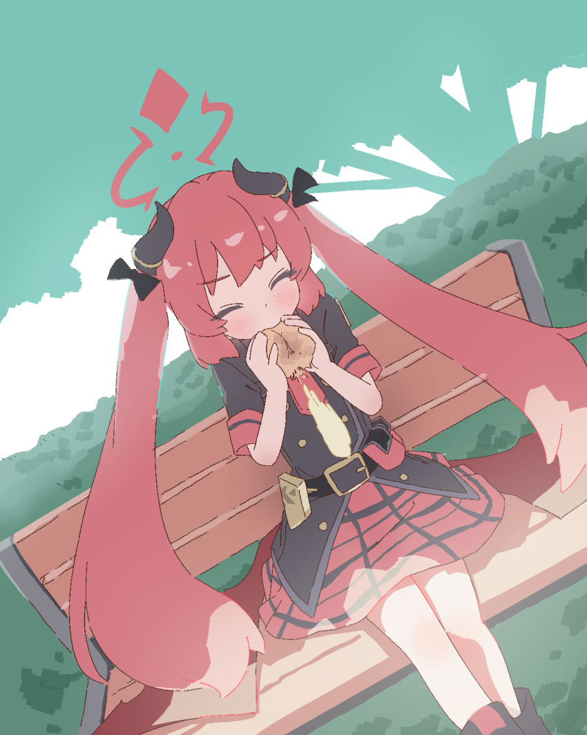 1girl bench blue_archive blush closed_eyes day eating food hair_ribbon halo highres holding horns junko_(blue_archive) long_hair low_wings necktie outdoors red_necktie red_wings redhead ribbon shimotsu. short_sleeves sidelocks sitting solo twintails very_long_hair wings