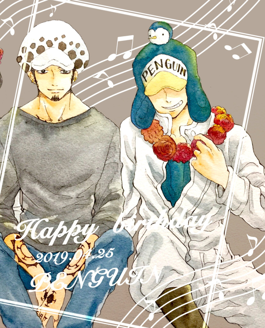 2019 2boys arm_tattoo boots character_name dated denim earrings facial_hair flower flower_necklace goatee grey_background hanakotoba28 hand_tattoo happy_birthday hat highres jeans jewelry jumpsuit long_sleeves looking_at_viewer male_focus multiple_boys musical_note one_piece pants penguin_(one_piece) penguin_hat sideburns sitting smile tattoo trafalgar_law white_jumpsuit