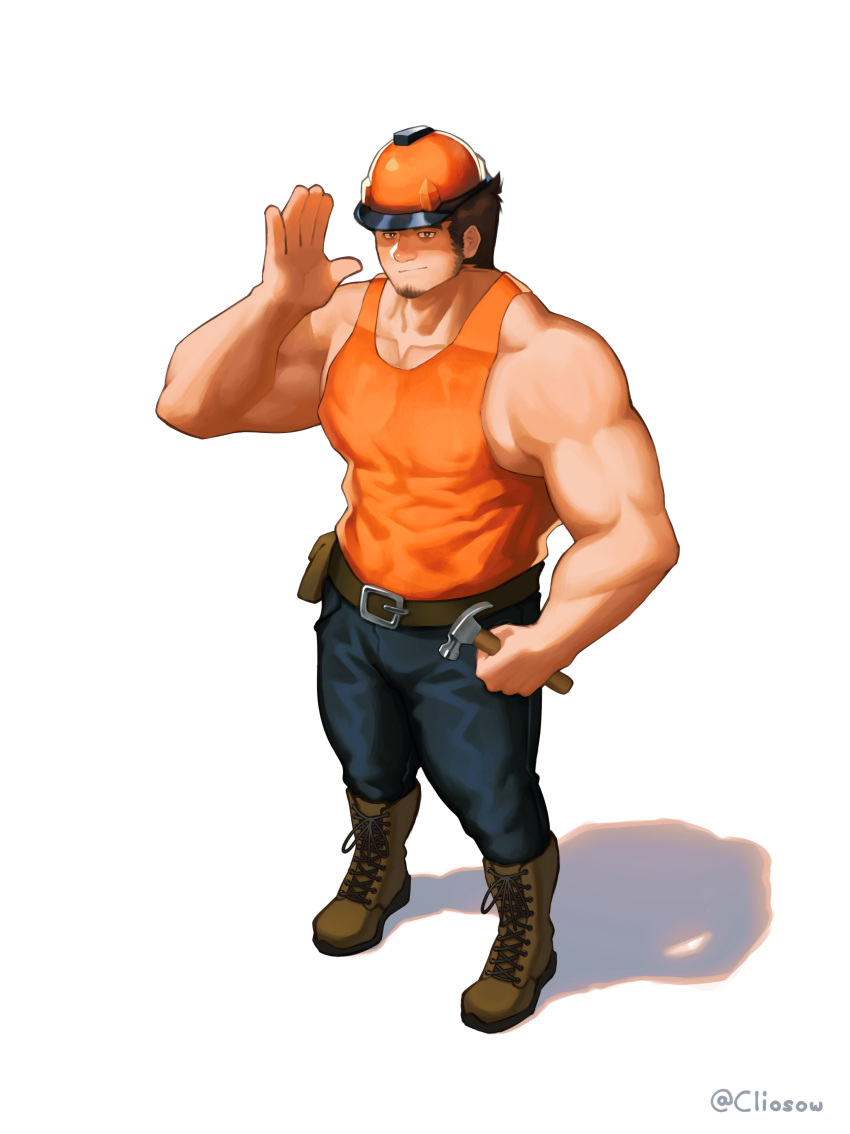1boy absurdres bare_arms belt cliosow construction_worker covered_nipples facial_hair hammer hand_up hard_hat helmet highres holding holding_hammer large_pectorals long_sideburns looking_at_viewer male_focus mature_male muscular muscular_male orange_tank_top original pants pectoral_cleavage pectorals short_hair sideburns sideburns_stubble sidepec solo standing stubble tank_top thick_eyebrows