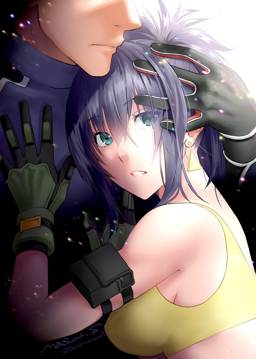 1girl arm_pouch bare_shoulders blue_eyes blue_hair breasts earrings father_and_daughter gloves hand_on_another's_chest heidern highres hug jewelry leona_heidern mature_male open_mouth ponytail sakura_mafumi sideboob sleeveless tank_top the_king_of_fighters triangle_earrings yellow_tank_top