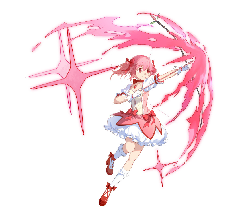 &gt;:) 1girl absurdres bow bow_(weapon) bow_choker bubble_skirt chinese_commentary choker commentary_request drawing_bow dress dress_bow energy_arrow footwear_bow frilled_skirt frilled_sleeves frilled_socks frills from_side full_body gloves hair_bow highres holding holding_bow_(weapon) holding_weapon kaname_madoka kneehighs leg_up looking_ahead magical_girl mahou_shoujo_madoka_magica mahou_shoujo_madoka_magica_(anime) outstretched_arm pink_dress pink_eyes pink_hair puffy_short_sleeves puffy_sleeves red_bow red_choker red_footwear shoes short_hair short_sleeves short_twintails shoucanlanaiwanqi simple_background skirt smile socks solo standing standing_on_one_leg twintails v-shaped_eyebrows weapon white_background white_gloves white_skirt white_socks