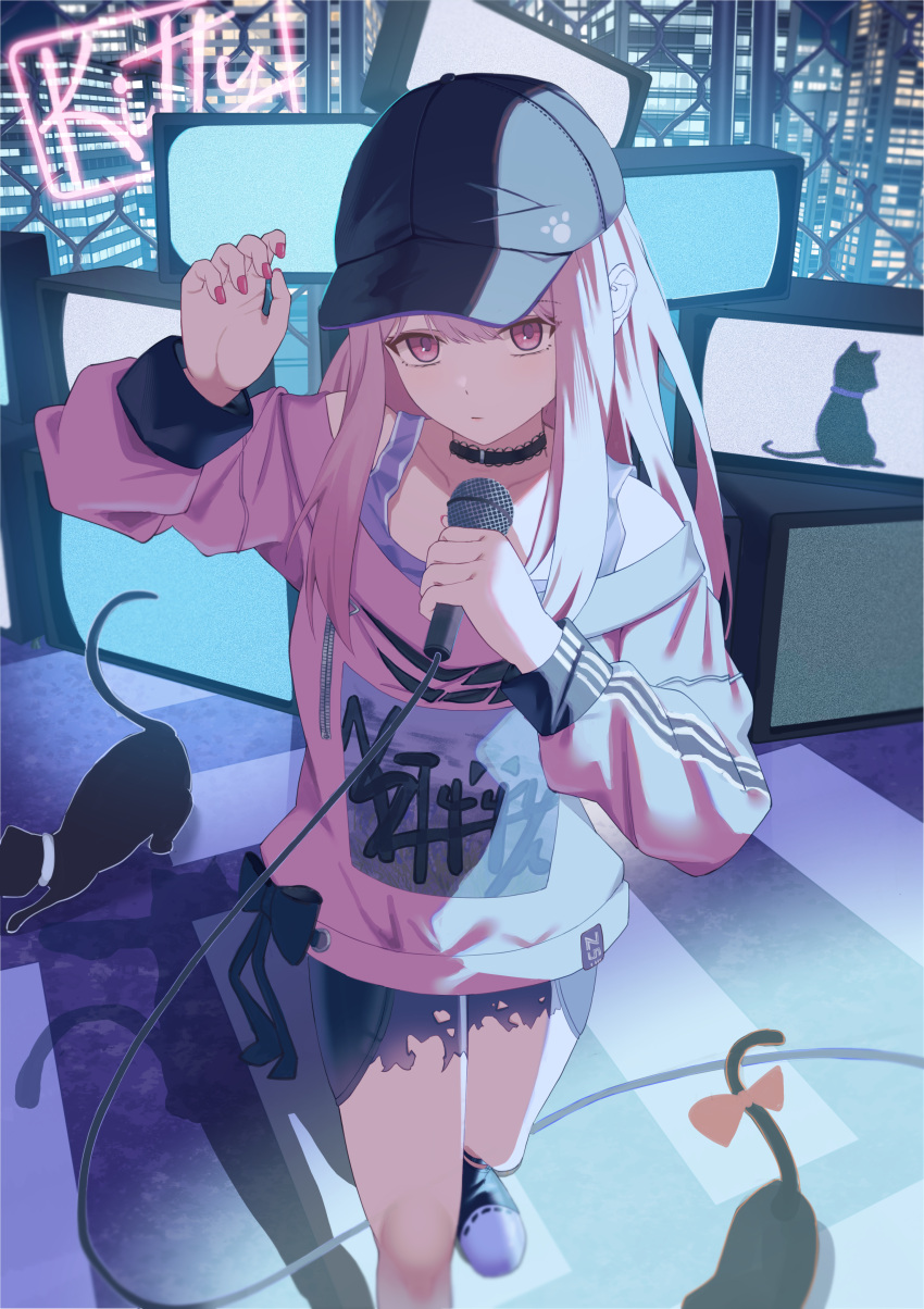 1other absurdres akiyama_mizuki androgynous baseball_cap black_cat black_choker black_footwear black_headwear bokutachi_no_seizon_tousou_(project_sekai) cat choker commentary_request converse english_text hat highres holding holding_microphone kitty_(vocaloid) long_hair looking_at_viewer maria_onnette microphone neon_lights pink_eyes pink_hair pink_shirt project_sekai shirt sidelocks solo standing television