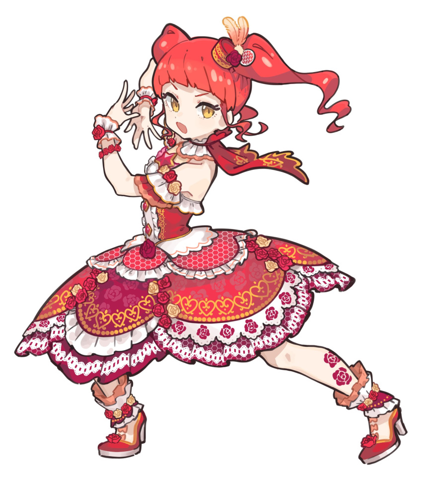 1girl akagi_anna blunt_bangs capelet detached_collar dress floral_print flower frilled_dress frills fugota6509 full_body hands_up hat hat_feather hat_flower high_heels highres idol_clothes kiratto_pri_chan leg_tattoo legs_apart long_hair looking_at_viewer mini_hat open_mouth pretty_series print_dress red_capelet red_dress red_flower red_footwear red_rose redhead rose shoes simple_background sleeveless sleeveless_dress solo standing tattoo twintails white_background wrist_cuffs yellow_eyes