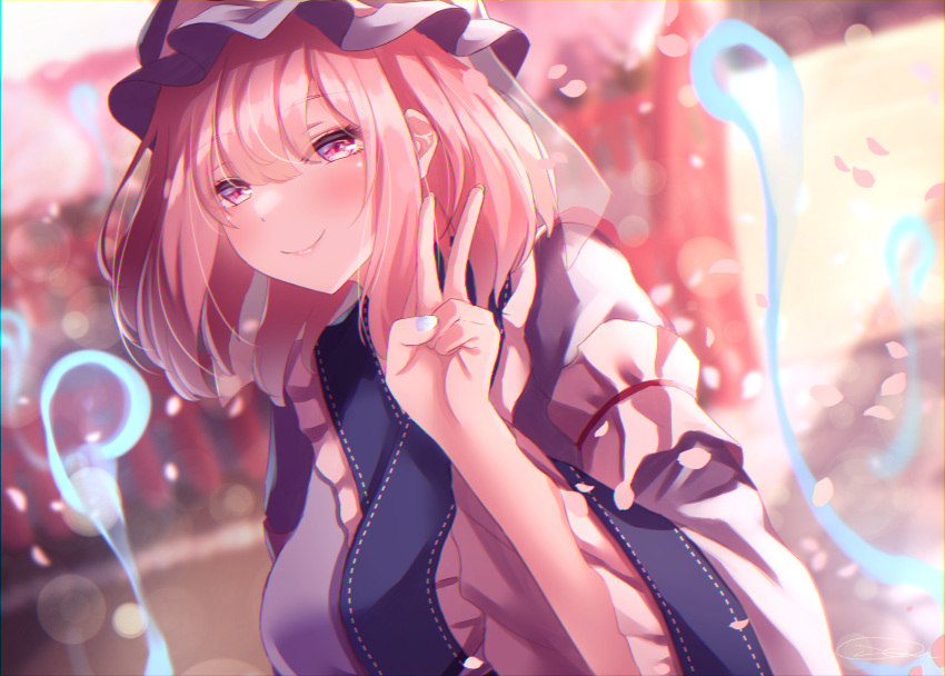 1girl absurdres blue_headwear blurry blurry_background cherry_blossoms closed_mouth commentary grey_nails highres outdoors pink_eyes pink_hair saigyouji_yuyuko shiranui_(wasuresateraito) short_hair smile solo touhou upper_body v wide_sleeves