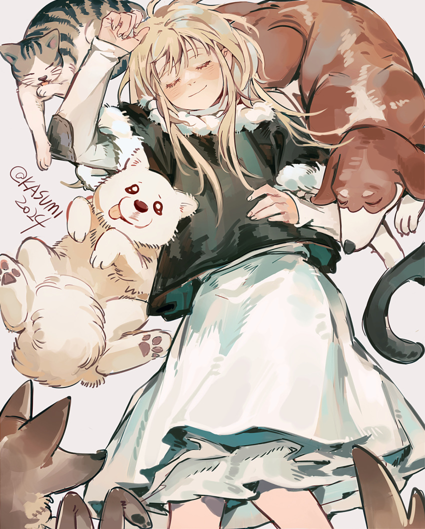 1girl aged_down animal arm_up black_vest blonde_hair blush cat child closed_eyes closed_mouth dog dress dungeon_meshi facing_viewer falin_thorden feet_out_of_frame fur-trimmed_sleeves fur-trimmed_vest fur_trim hand_on_own_stomach happy highres kasumi007 layered_sleeves licking long_hair long_sleeves looking_at_viewer multiple_dogs patchwork_clothes short_hair short_over_long_sleeves short_sleeves simple_background sleeping smile tongue tongue_out twitter_username vest white_dress