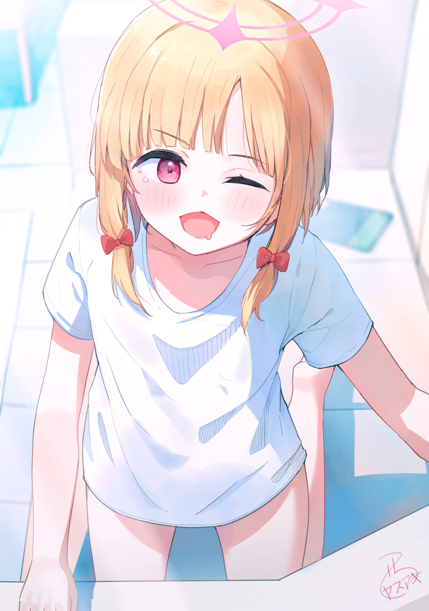1girl absurdres barefoot blonde_hair blue_archive blush bow commentary_request drooling hair_bow halo highres indoors kneeling looking_at_viewer momoi_(blue_archive) mouth_drool naked_shirt nishi_yasuaki one_eye_closed open_mouth red_bow red_eyes shirt short_sleeves sidelocks solo tears white_shirt