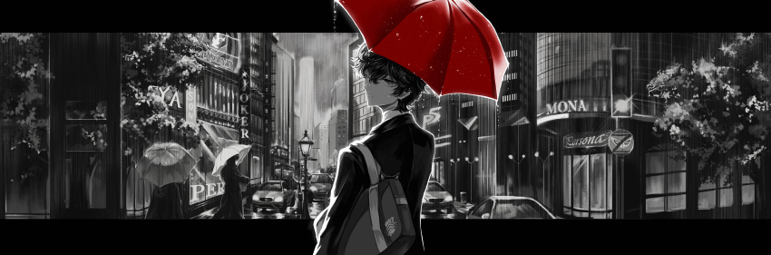 1boy absurdres amamiya_ren bag building cameo car character_name chinese_commentary city cityscape commentary_request from_behind glint greyscale highres holding holding_umbrella jacket koko_(drawsnow) lamppost letterboxed long_sleeves looking_at_viewer looking_back male_focus monochrome motor_vehicle outdoors outside_border parted_lips persona persona_5 power_lines rain raincoat red_umbrella road scenery school_bag school_uniform shirt short_hair shoulder_bag shuujin_academy_school_uniform sign skyscraper solo_focus spot_color tree turtleneck umbrella upper_body window