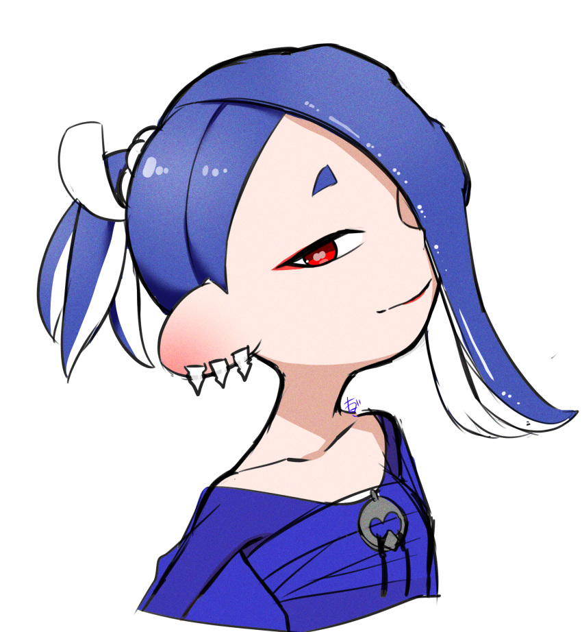 1girl blue_hair blue_shawl cephalopod_eyes chest_sarashi closed_mouth collarbone commentary_request cropped_torso eyelashes hachimaki hair_over_one_eye headband highres looking_at_viewer medium_hair nejiri_hachimaki octoling red_eyes red_pupils sarashi shawl shiver_(splatoon) simple_background smile solo splatoon_(series) splatoon_3 takagi_(tkgiii) tentacle_hair thick_eyebrows tooth_earrings upper_body white_background