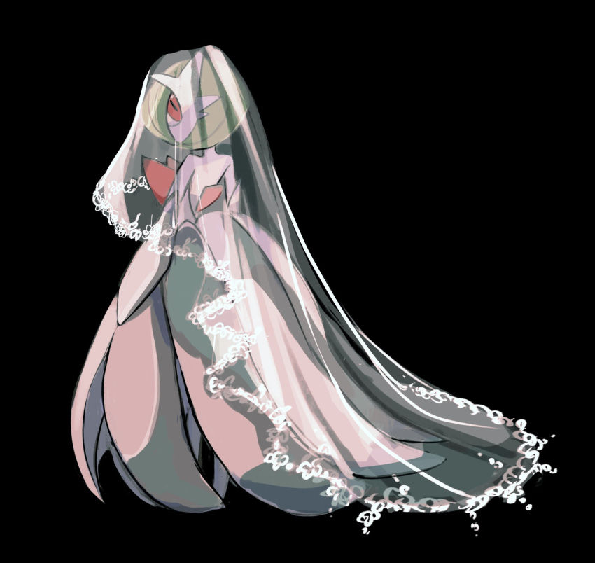 1other anzu_(01010611) black_background colored_skin full_body gardevoir green_hair highres looking_at_viewer looking_back pokemon pokemon_(creature) red_eyes simple_background solo standing veil white_skin