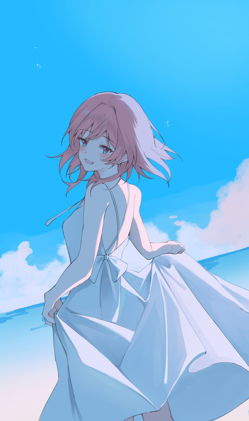 1girl absurdres alternate_costume bare_arms bare_shoulders blue_eyes blue_sky clothes_lift clouds cloudy_sky commentary day dress dress_lift dutch_angle feet_out_of_frame from_behind hair_intakes hanny_(hanni_y02) highres honkai:_star_rail honkai_(series) looking_at_viewer looking_back march_7th_(honkai:_star_rail) medium_hair open_mouth outdoors pink_eyes pink_hair shore sky smile solo spaghetti_strap standing symbol-only_commentary two-tone_eyes water white_dress