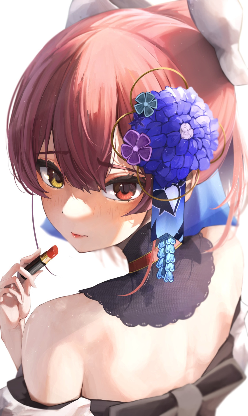1girl absurdres bare_shoulders blush bow choker flower hair_between_eyes hair_bow hair_ornament heterochromia highres hololive houshou_marine houshou_marine_(new_year) japanese_clothes kimono long_hair looking_at_viewer looking_back official_alternate_costume ponytail red_choker redhead samu_(sam_deg369) simple_background solo virtual_youtuber white_background white_bow white_kimono yukata
