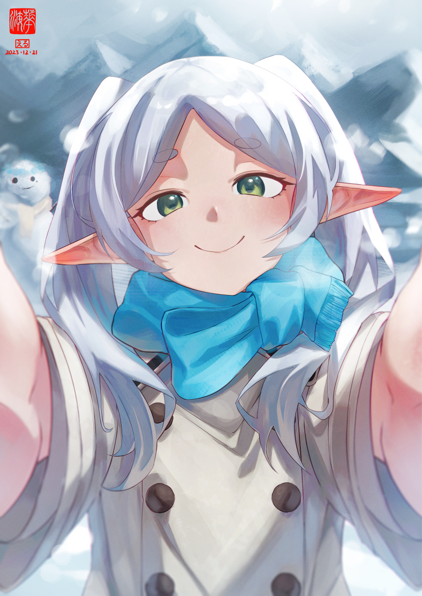 1girl absurdres artist_logo blue_scarf closed_mouth coat commentary dated elf english_commentary eruhanami foreshortening frieren green_eyes grey_coat highres long_hair long_pointy_ears looking_at_viewer outdoors parted_bangs pointy_ears pov reaching reaching_towards_viewer scarf smile solo sousou_no_frieren twintails upper_body white_hair winter winter_clothes winter_coat