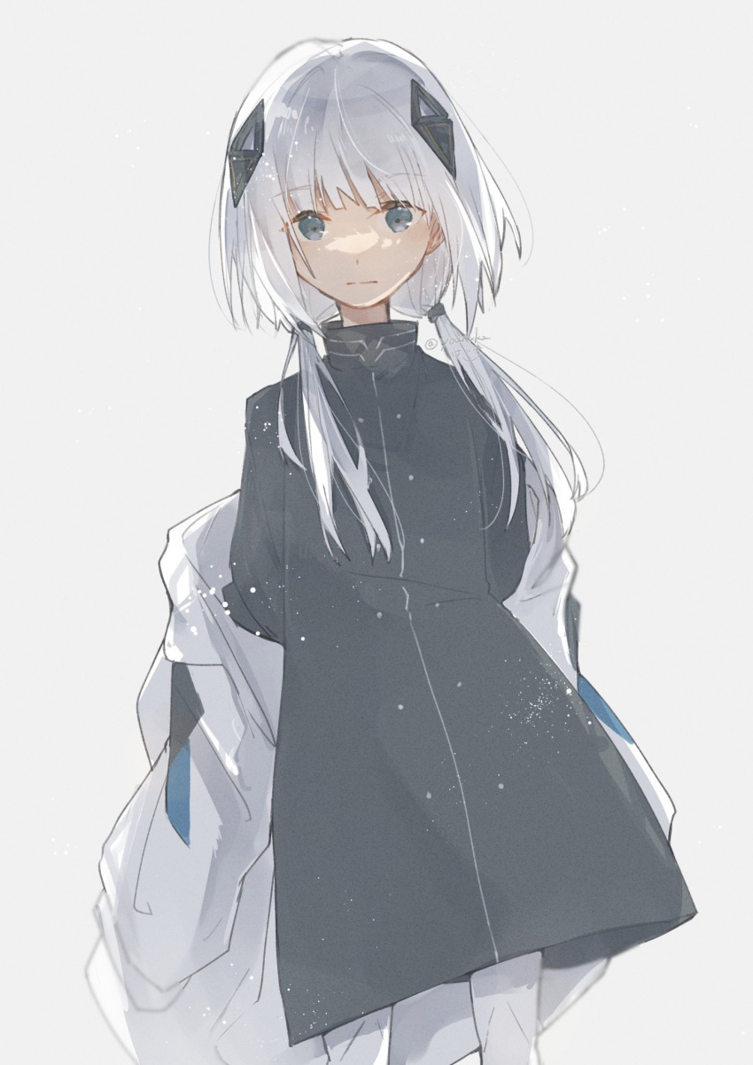 1girl black_dress cevio diamond_hair_ornament dress expressionless grey_eyes highres jacket kafu_(cevio) kamitsubaki_studio keiki_(youmkz) long_hair looking_at_viewer low_twintails off_shoulder open_clothes open_jacket pantyhose solo twintails white_hair white_jacket white_pantyhose