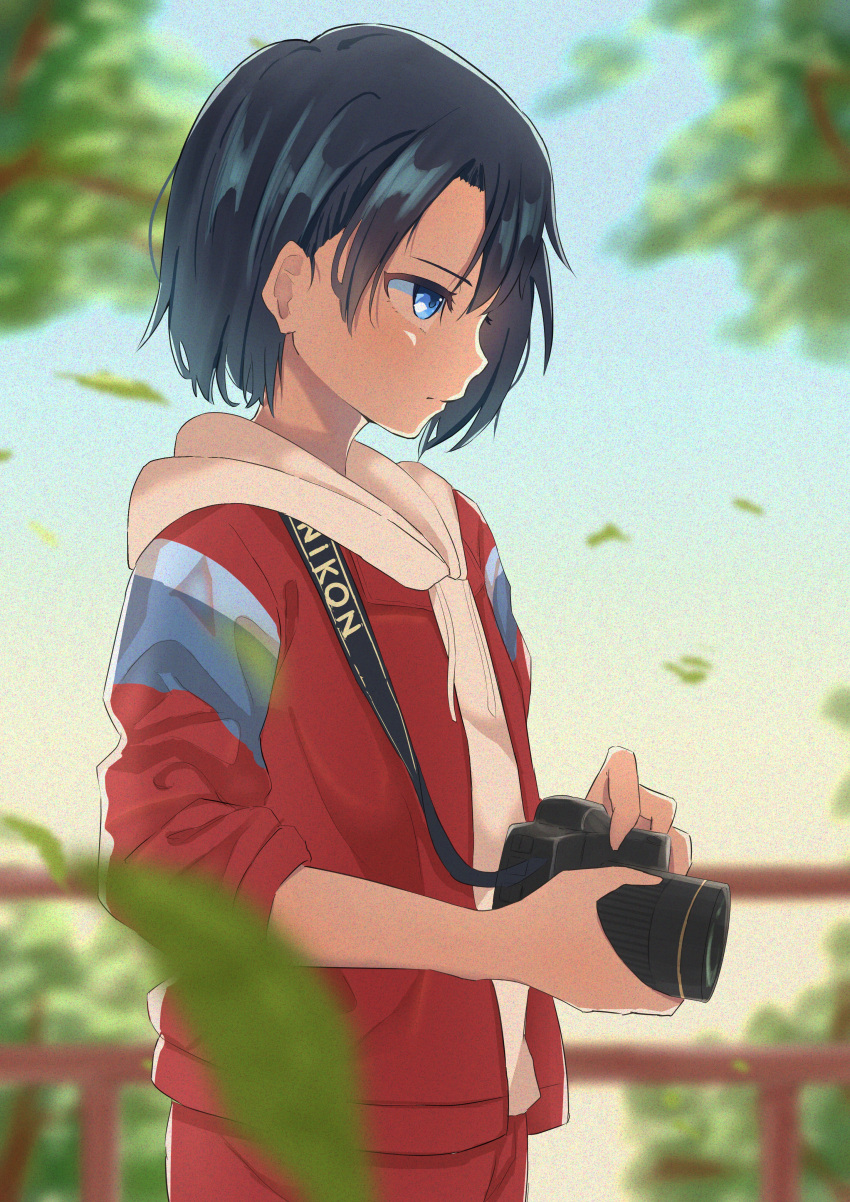 absurdres ambi1017 camera camera_around_neck highres holding holding_camera hood hoodie jacket jacket_over_hoodie koe_no_katachi nikon_(company) nishimiya_yuzuru red_jacket red_shorts shorts track_jacket white_hoodie