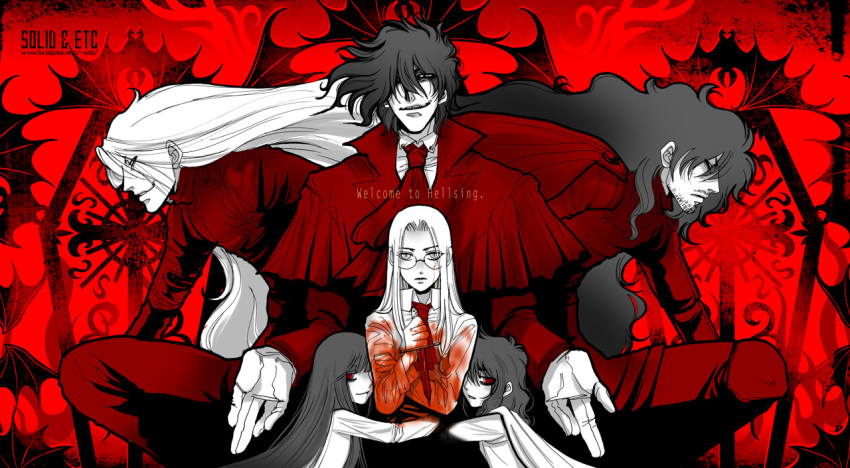 2girls 4boys aged_down alucard_(hellsing) artist_name ascot blood blood_on_clothes blood_on_face blood_on_weapon blunt_bangs capelet expressionless facial_hair girlycard glasses gloves goatee hellsing holding holding_knife hug integra_hellsing knife limited_palette long_bangs long_hair medium_hair multiple_boys multiple_girls multiple_persona red_ascot red_capelet red_theme reverse_grip smile toshimichi_yukari vlad_tepes_(hellsing) weapon web_address