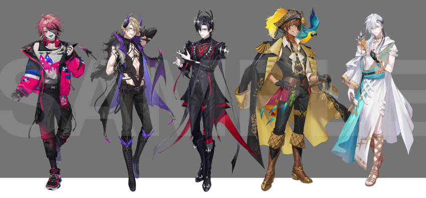 5boys :p animal_on_shoulder aqua_sash arm_at_side arm_behind_head armor ascot asymmetrical_bangs bandaged_head bandages bare_shoulders belt bicorne bird bird_on_shoulder black_armor black_belt black_bridal_gauntlets black_footwear black_gloves black_hair black_jacket black_leotard black_nails black_pants black_robe black_shirt black_socks black_tank_top black_vest blonde_hair boots braid bridal_gauntlets brooch brown_footwear brown_hair cassian_floros center_opening chain_necklace choker coat coat_on_shoulders collared_shirt colored_skin colored_tongue cross-laced_footwear crown curtained_hair demon_boy demon_horns demon_tail demon_wings detached_sleeves ear_covers earrings elf epaulettes eyepatch fingernails first_stage_production fold-over_boots full_body fur-trimmed_coat fur_trim gale_galleon game_boy gem gladiator_sandals gloves gold_collar green_eyes green_tongue grey_background grey_eyes grey_nails grey_shirt grey_skin grin groin hair_between_eyes hair_over_shoulder hand_on_hilt hand_on_own_chest hand_on_own_hip handheld_game_console hands_up hat hat_feather hat_ornament headphones headphones_around_neck heterochromia highres horns jacket jewelry lace-up_boots lapels leotard letterboxed long_hair long_sleeves looking_at_viewer low_ponytail lucien_lunaris male_focus medium_hair multicolored_hair multiple_boys multiple_rings nail_polish namakawa necklace notched_lapels official_art open_clothes open_collar open_jacket outside_border pants parrot parted_lips patchwork_skin pauldrons pink_choker pink_eyes pink_hair pink_jacket pirate pirate_hat pointy_ears print_pants print_shirt purple_coat purple_horns purple_wings red_eyes red_gemstone ring robe rosco_graves saber_(weapon) sample_watermark sandals sharp_fingernails sheath sheathed shirt shoes short_hair shoulder_armor side_braids simple_background single_bridal_gauntlet single_detached_sleeve single_ear_cover single_sleeve single_wing sleeve_cuffs sleeveless sleeveless_coat smile sneakers socks splatter_print stitched_face stitches streaked_hair striped_clothes striped_shirt swept_bangs sword tail tailcoat tan tank_top thigh_strap thighlet tongue tongue_out torn_clothes torn_pants torn_shirt two-sided_coat two-sided_fabric undone_ascot vambraces vest virtual_youtuber waist_cape watermark weapon white_hair white_shirt wings yellow_coat zander_netherbrand zombie