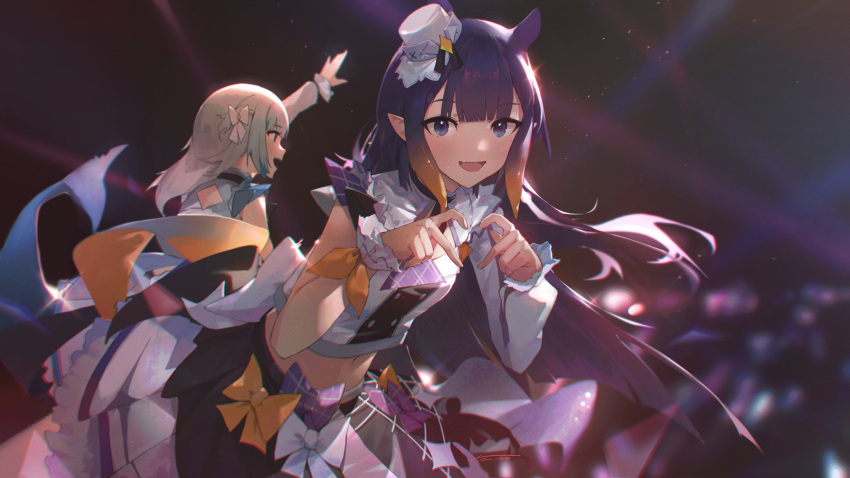 2girls :d arm_up back_bow black_skirt blue_eyes blue_hair blunt_bangs bow buttons commentary concert crinoline crop_top double-breasted dress fang fins fish_tail frilled_dress frills gawr_gura gradient_hair grey_hair hair_bow hat heart heart_hands highres hololive hololive_english hololive_idol_uniform_(bright) huge_bow jushoro long_hair looking_at_viewer mini_hat mini_top_hat multicolored_hair multiple_girls navel ninomae_ina'nis official_alternate_costume orange_bow orange_hair plaid plaid_bow pleated_skirt pointy_ears purple_bow purple_hair shark_girl shark_tail shirt sidelocks signature single_sleeve skin_fang skirt smile streaked_hair symbol-only_commentary tail tentacle_hair top_hat two_side_up very_long_hair violet_eyes virtual_youtuber white_bow white_headwear white_shirt white_skirt white_wrist_cuffs wrist_cuffs