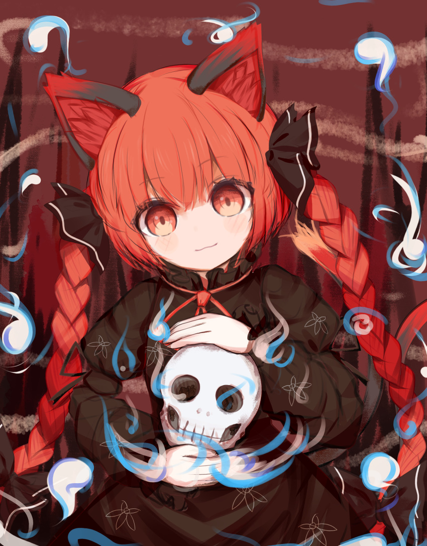1girl absurdres black_dress black_ribbon braid brown_background closed_mouth commentary_request dress hair_ribbon highres kaenbyou_rin long_hair long_sleeves looking_at_viewer red_eyes redhead ribbon ro.ro side_braids skull solo touhou twin_braids upper_body