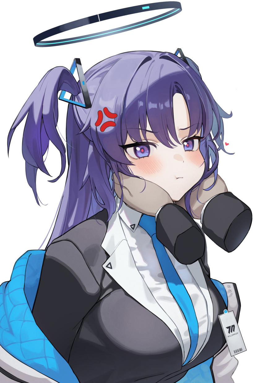 1girl absurdres anger_vein black_jacket blue_archive blue_necktie blush breasts closed_mouth disembodied_limb halo hands_on_another's_cheeks hands_on_another's_face heart highres ildy jacket large_breasts long_hair necktie purple_hair shirt simple_background solo_focus two_side_up upper_body violet_eyes white_background white_shirt yuuka_(blue_archive)