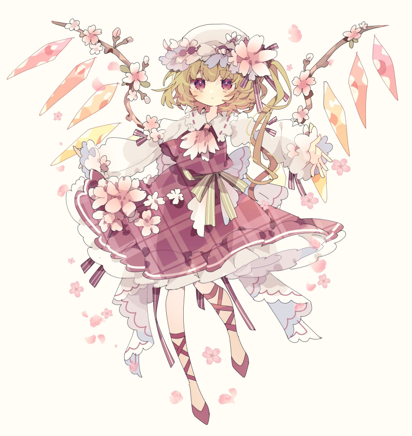 1girl absurdres adapted_costume ascot blonde_hair cherry_blossoms collared_shirt commentary_request crystal expressionless flandre_scarlet flower hat hat_flower highres leg_ribbon long_hair long_sleeves looking_at_viewer mob_cap nikorashi-ka outstretched_arms petticoat pink_ascot pink_flower plaid plaid_skirt plaid_vest red_eyes red_footwear ribbon shirt shoes side_ponytail simple_background skirt solo spread_arms touhou vest white_background white_headwear white_shirt wings yellow_ribbon