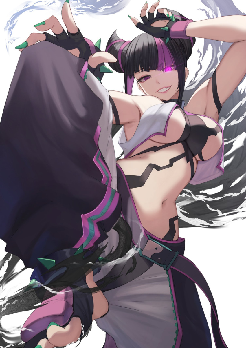 1girl bare_shoulders black_gloves black_hair black_pants breasts diagonal_bangs drill_hair fingerless_gloves gloves glowing glowing_eye green_nails han_juri highres large_breasts leg_up looking_at_viewer mixed-language_commentary multicolored_hair multicolored_pants navel pants parted_lips purple_hair revealing_clothes smile solo street_fighter under_boob violet_eyes wabimochi white_pants