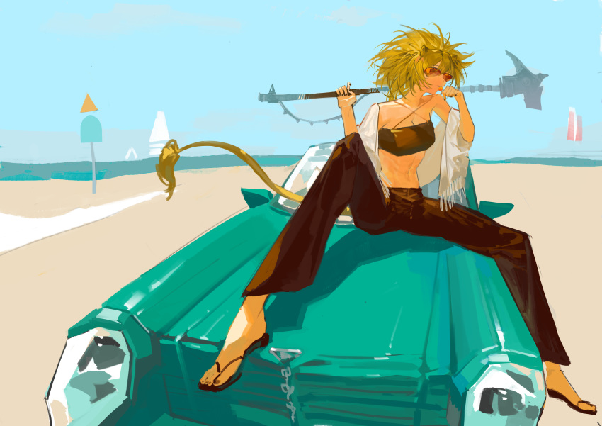 1girl absurdres animal_ears arknights beach bingansuan_jiamouren black_pants blonde_hair car highres jacket motor_vehicle open_clothes open_jacket outdoors over_shoulder pants sandals siege_(arknights) sign signpost sitting_on_car solo spread_legs strapless tube_top weapon weapon_over_shoulder white_jacket