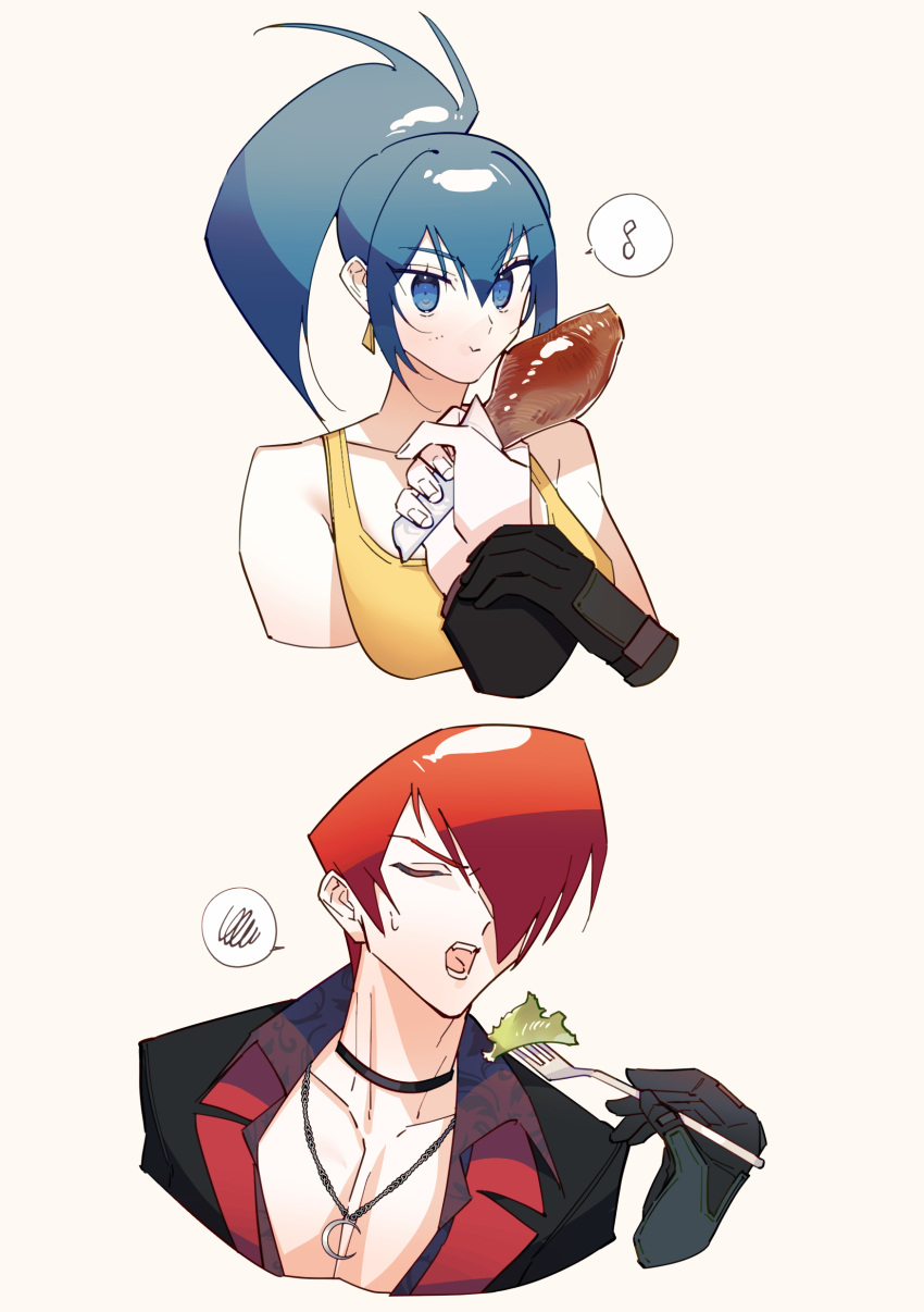 absurdres bare_shoulders blue_eyes blue_hair choker closed_eyes closed_mouth earrings food fork gloves highres holding holding_food holding_fork jewelry leona_heidern lettuce moon musical_note one_eye_covered otoseto pendant ponytail red_eyes redhead tank_top the_king_of_fighters the_king_of_fighters_xv triangle_earrings yagami_iori yellow_tank_top