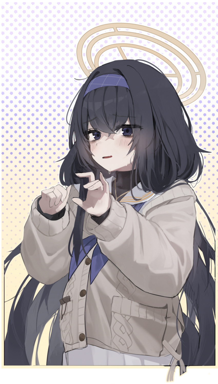 1girl absurdres black_hair black_shirt blue_archive blue_eyes blue_neckerchief blush cardigan clenched_hand gmuk halo highres jewelry long_hair neckerchief necklace open_mouth sailor_collar school_uniform serafuku shirt solo starry_background sweat turtleneck ui_(blue_archive) very_long_hair white_sailor_collar white_serafuku yellow_halo