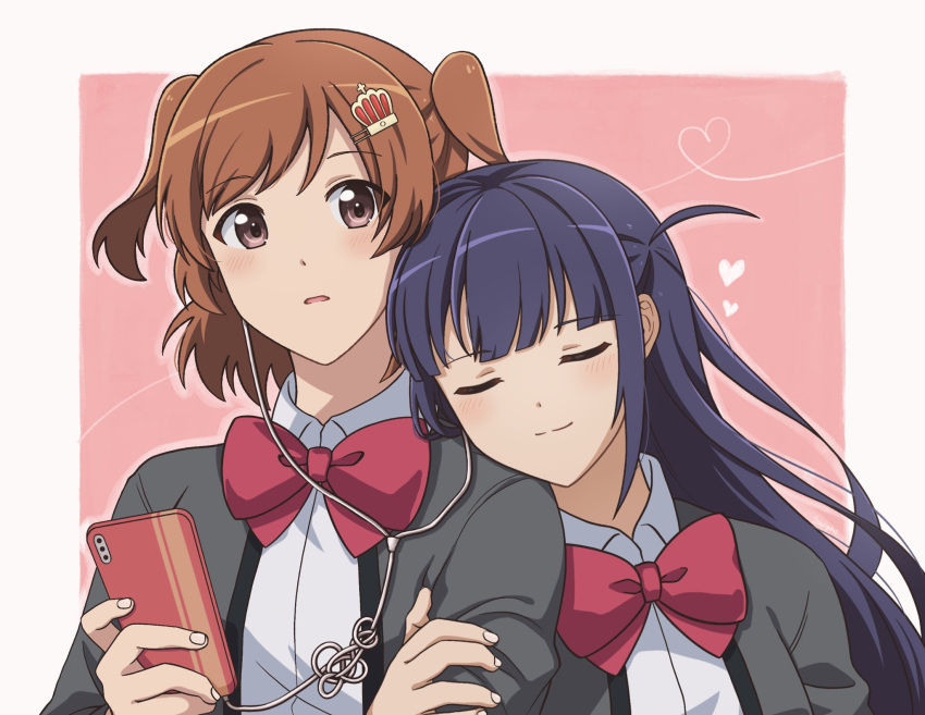 2girls aijou_karen arm_at_side blunt_bangs blush border bow bowtie brown_eyes brown_hair cellphone closed_eyes closed_mouth collared_shirt commentary crown_hair_ornament earphones fingernails hair_ornament hairclip hand_on_another's_arm hand_up head_on_another's_shoulder head_rest heart heart_of_string highres holding holding_phone jacket kuromahikaren light_smile long_hair long_sleeves looking_at_viewer multiple_girls open_clothes open_jacket outside_border parted_lips phone pink_background purple_hair red_bow red_bowtie school_uniform seishou_music_academy_uniform shared_earphones shirt short_hair shoujo_kageki_revue_starlight side-by-side sidelocks simple_background smartphone swept_bangs symbol-only_commentary tsuyuzaki_mahiru two_side_up upper_body white_border white_shirt yuri