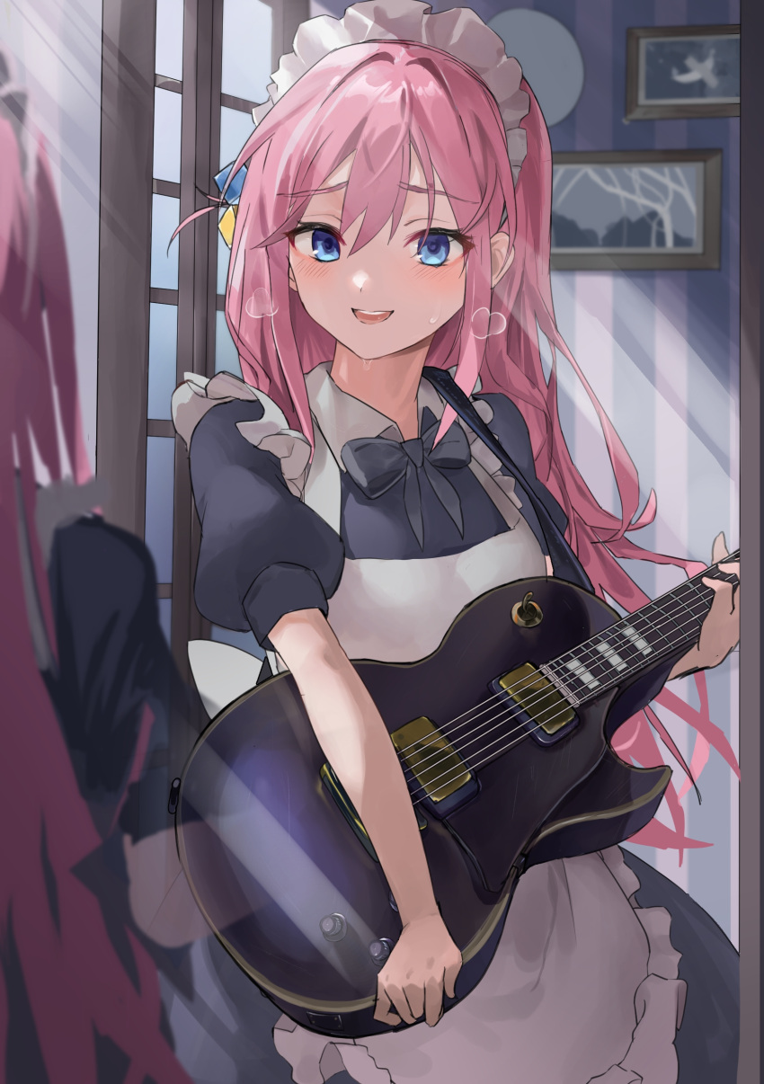 1girl absurdres apron black_bow black_bowtie black_dress blue_eyes bocchi_the_rock! bow bowtie breath commentary cowboy_shot cube_hair_ornament dress electric_guitar frilled_apron frills gibson_les_paul gotoh_hitori guitar hair_between_eyes hair_ornament highres holding holding_instrument indoors instrument long_hair looking_at_mirror looking_at_viewer maid maid_apron maid_headdress mirror nimiru_namire one_side_up open_mouth pink_hair puffy_short_sleeves puffy_sleeves reflection short_sleeves smile standing sunlight white_apron