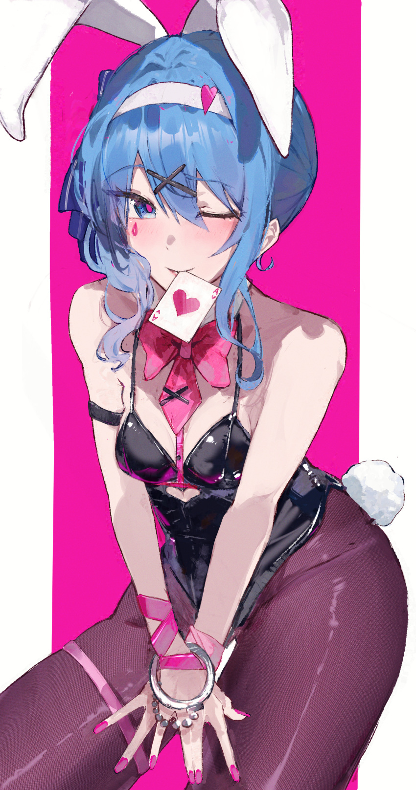 1girl absurdres animal_ears arm_strap bare_shoulders black_thighhighs blue_eyes blue_hair bow bowtie hair_ornament hands_on_own_thighs headband heart_card highres hololive hoshimachi_suisei leotard one_eye_closed playboy_bunny rabbit_ears rabbit_hole_(vocaloid) rabbit_tail red_bow red_nails red_ribbon ribbon short_hair solo tail thigh-highs virgo76612871 virtual_youtuber white_headband wristband x_hair_ornament