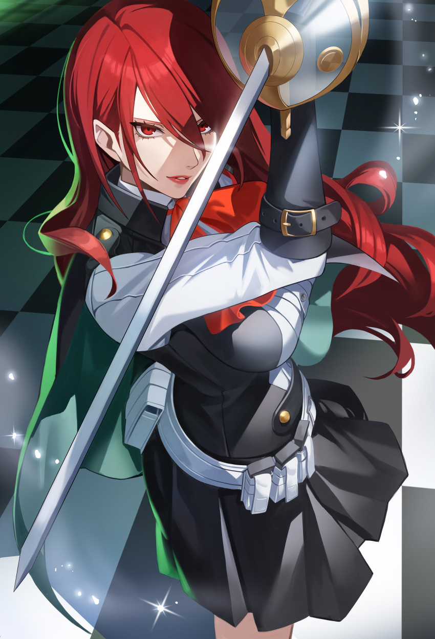 1girl absurdres alternate_breast_size breasts ddog hair_over_one_eye highres holding holding_sword holding_weapon kirijou_mitsuru large_breasts lips long_hair multiple_girls open_mouth parted_lips persona persona_3 persona_3_reload pleated_skirt rapier red_eyes redhead skirt smile solo sword weapon