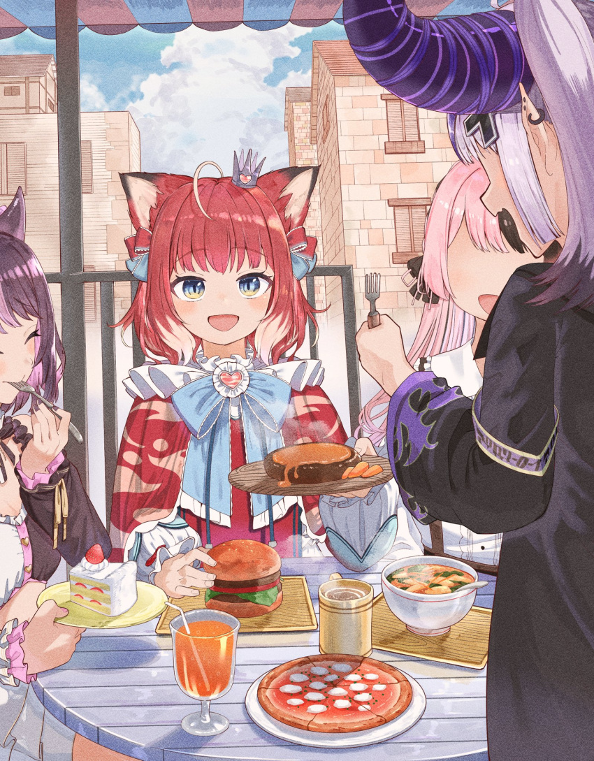 4girls :d ^_^ akami_karubi animal_ears black_jacket blue_eyes bowl brown_hair burger cake cake_slice cape cat_ears cat_girl character_request closed_eyes copyright_request crown cup drinking_glass drinking_straw faceless faceless_female food highres holding holding_plate hololive horns indie_virtual_youtuber jacket juice la+_darknesss light_brown_hair long_hair long_sleeves looking_at_another mini_crown mug multicolored_hair multiple_girls open_mouth orange_juice pink_hair pizza plate purple_hair red_cape redhead shirt short_hair smile two-tone_hair virtual_youtuber white_shirt yurai0739