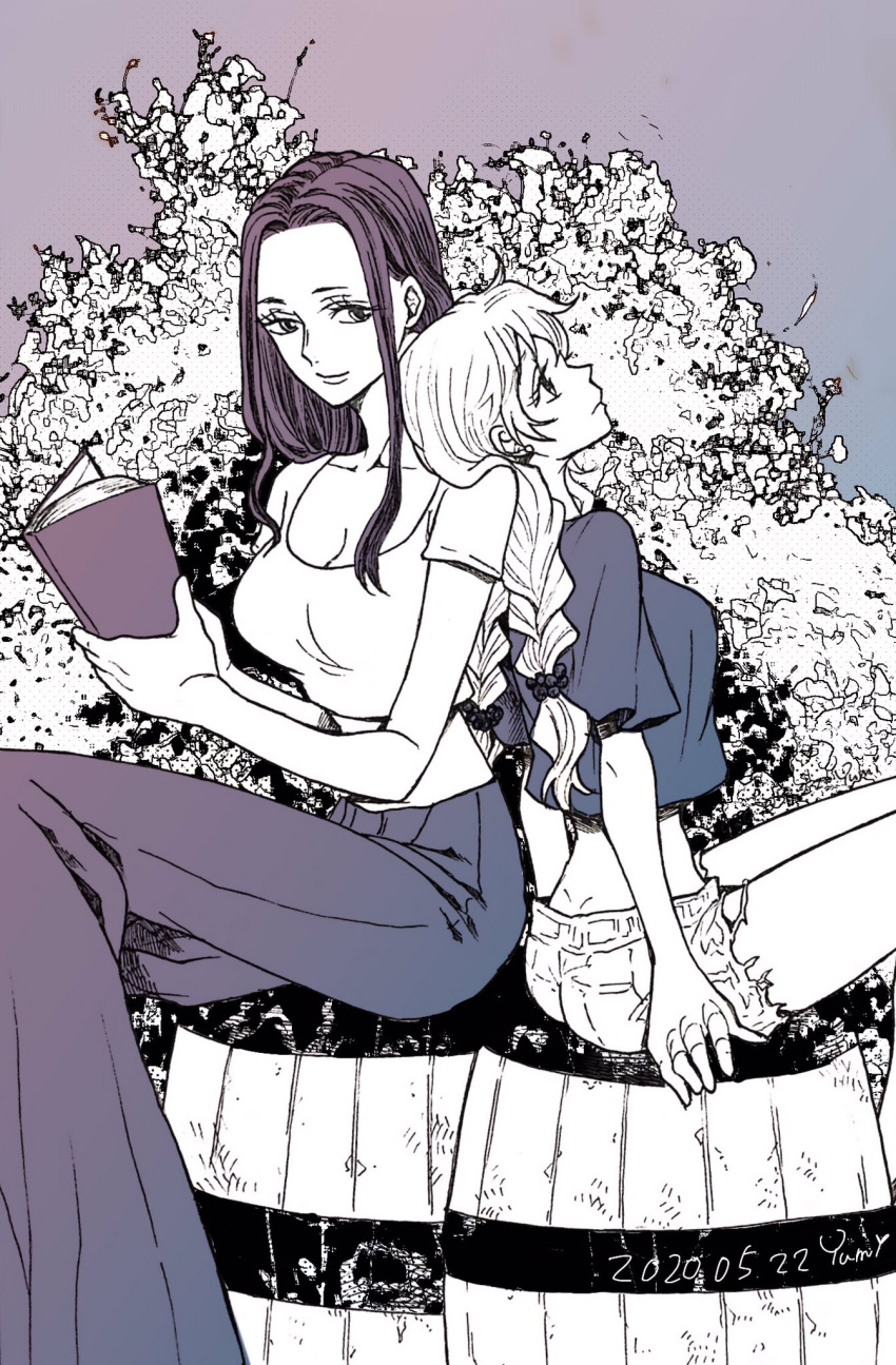 2girls artist_name back-to-back barrel book braid bush commentary_request crop_top dated greyscale hanakotoba28 head_on_another's_shoulder highres holding holding_book light_smile long_hair looking_up monochrome multiple_girls nami_(one_piece) nico_robin one_piece pants profile short_shorts shorts sidelocks sitting twin_braids